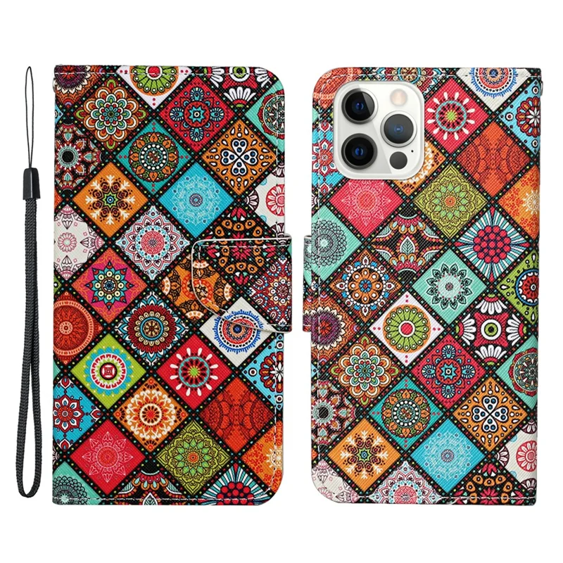 All-around Protection Pattern-Printing Handy Strap Leather Cell Case with Wallet and Stand for iPhone 13 Pro Max 6.7 inch - Boho