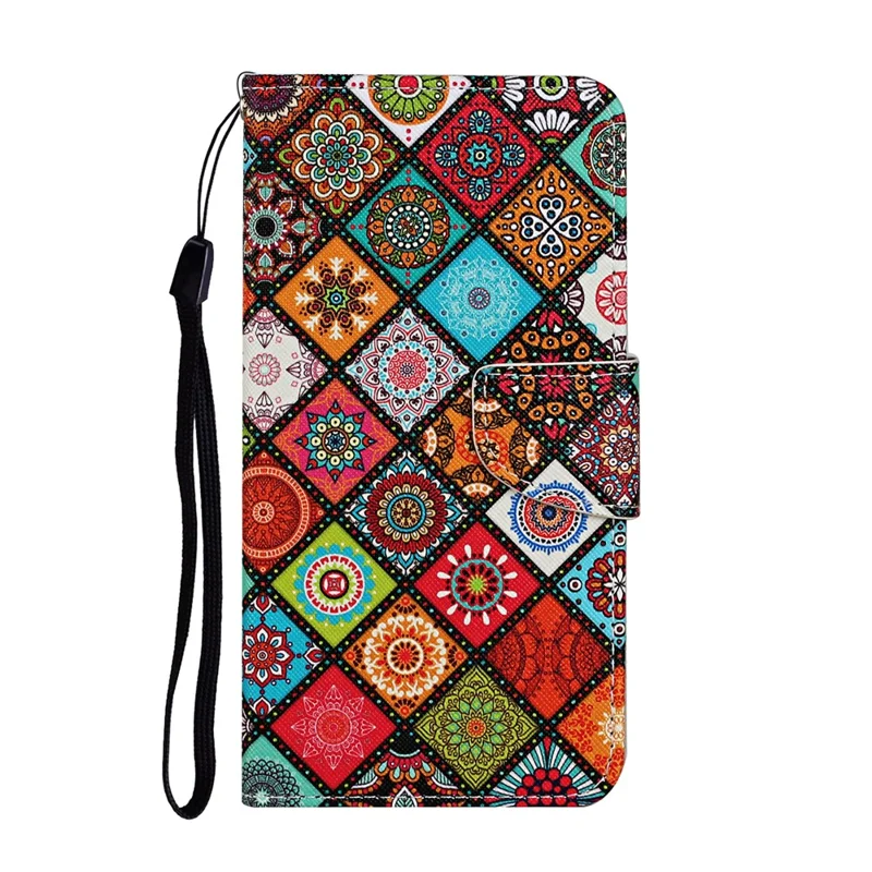 All-around Protection Pattern-Printing Handy Strap Leather Cell Case with Wallet and Stand for iPhone 13 Pro Max 6.7 inch - Boho
