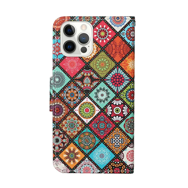 All-around Protection Pattern-Printing Handy Strap Leather Cell Case with Wallet and Stand for iPhone 13 Pro Max 6.7 inch - Boho