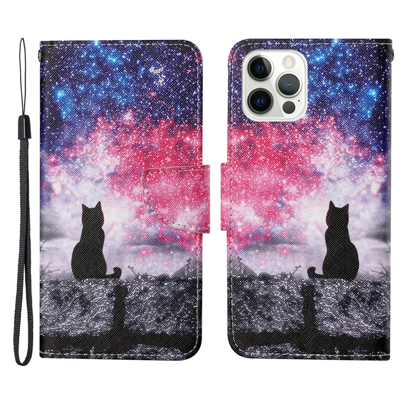 Handy Strap Pattern-Printing Full Protection Leather Cell Case with Wallet and Stand for iPhone 13 Pro Max 6.7 inch - Black Cat