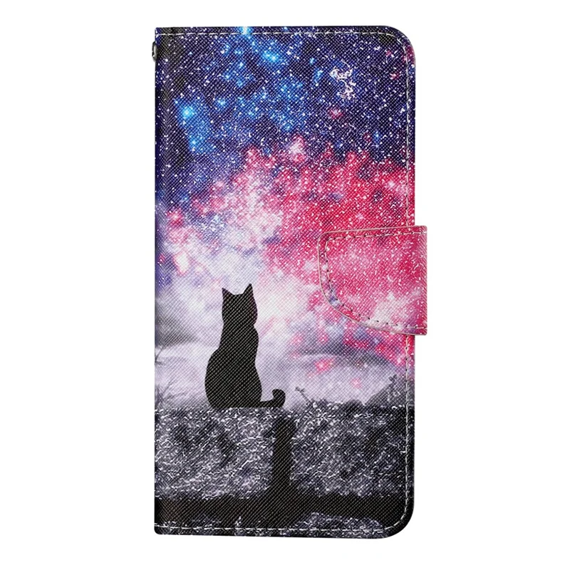 Handy Strap Pattern-Printing Full Protection Leather Cell Case with Wallet and Stand for iPhone 13 Pro Max 6.7 inch - Black Cat