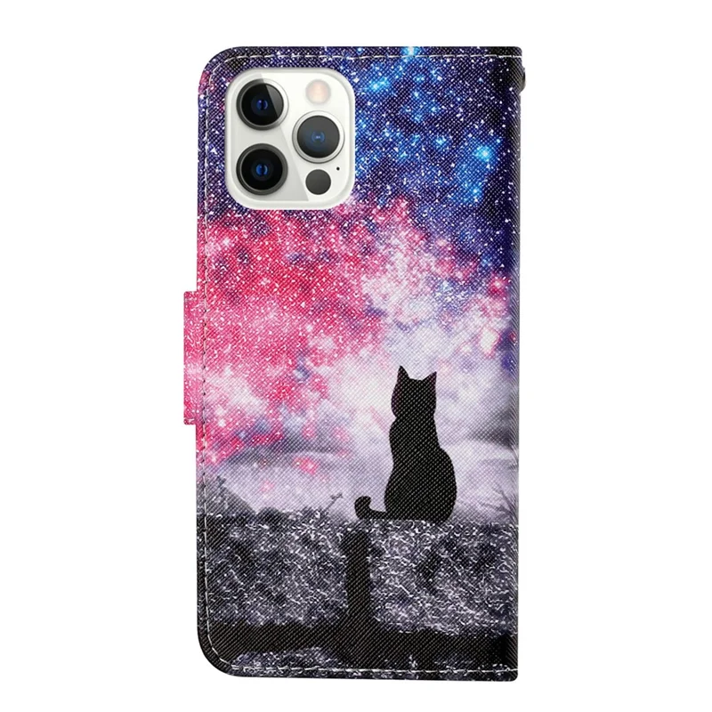 Handy Strap Pattern-Printing Full Protection Leather Cell Case with Wallet and Stand for iPhone 13 Pro Max 6.7 inch - Black Cat