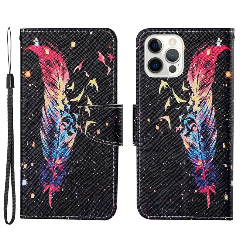 Handy Strap Pattern-Printing Full Protection Leather Cell Case with Wallet and Stand for iPhone 13 Pro Max 6.7 inch - Feather
