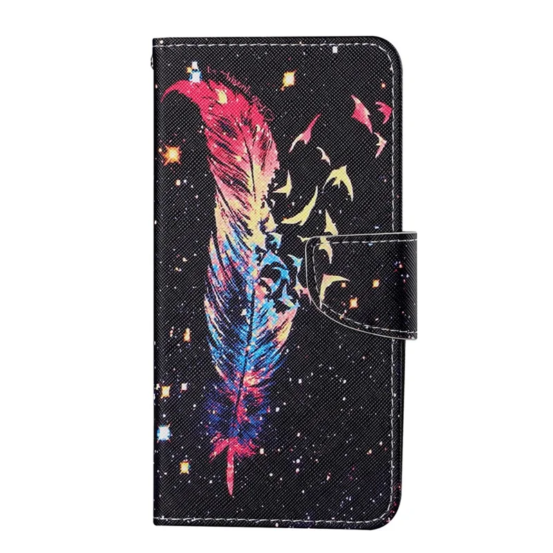 Handy Strap Pattern-Printing Full Protection Leather Cell Case with Wallet and Stand for iPhone 13 Pro Max 6.7 inch - Feather