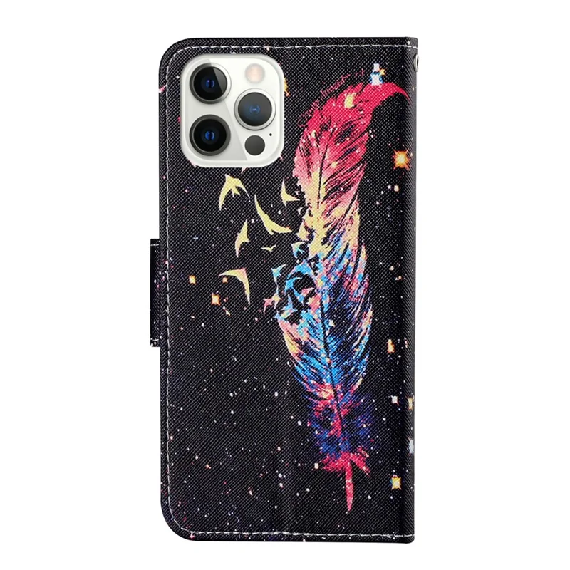 Handy Strap Pattern-Printing Full Protection Leather Cell Case with Wallet and Stand for iPhone 13 Pro Max 6.7 inch - Feather