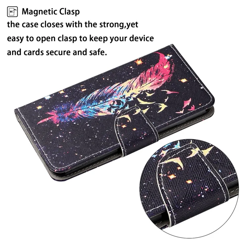 Handy Strap Pattern-Printing Full Protection Leather Cell Case with Wallet and Stand for iPhone 13 Pro Max 6.7 inch - Feather