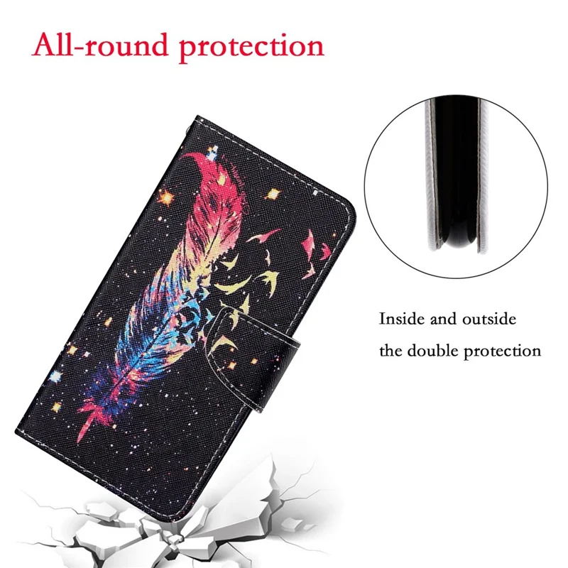 Handy Strap Pattern-Printing Full Protection Leather Cell Case with Wallet and Stand for iPhone 13 Pro Max 6.7 inch - Feather