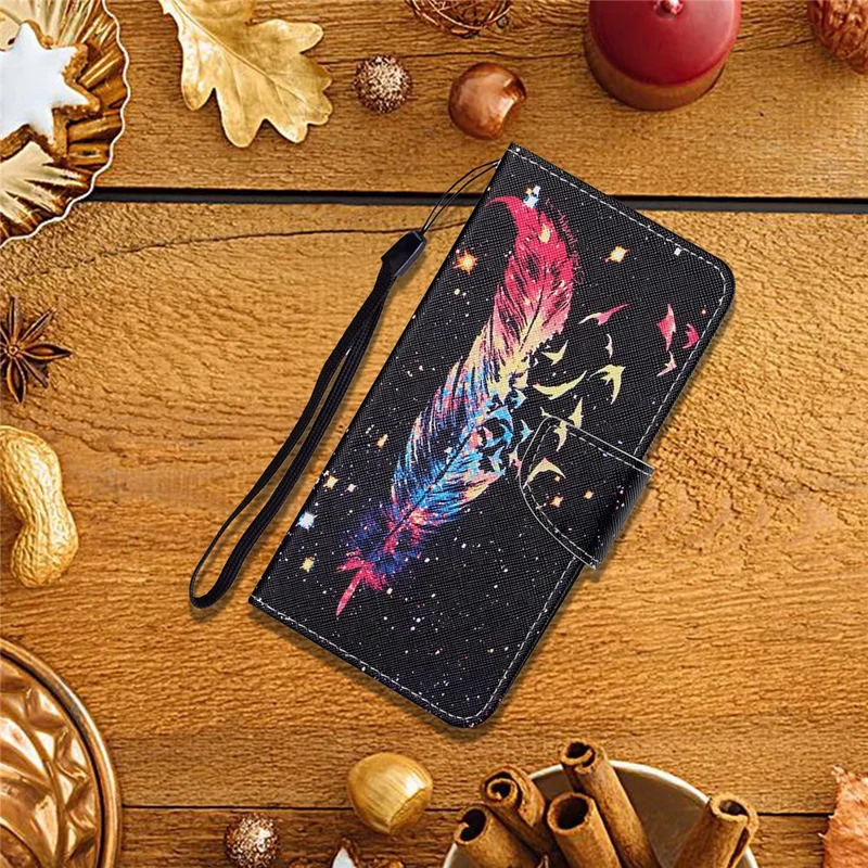 Handy Strap Pattern-Printing Full Protection Leather Cell Case with Wallet and Stand for iPhone 13 Pro Max 6.7 inch - Feather