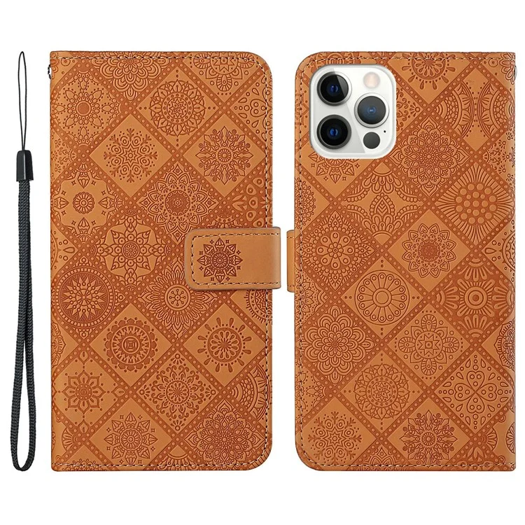 Ethnic Style Imprinted Flower Wallet Leather Case with Stand for iPhone 13 Pro 6.1 inch - Brown