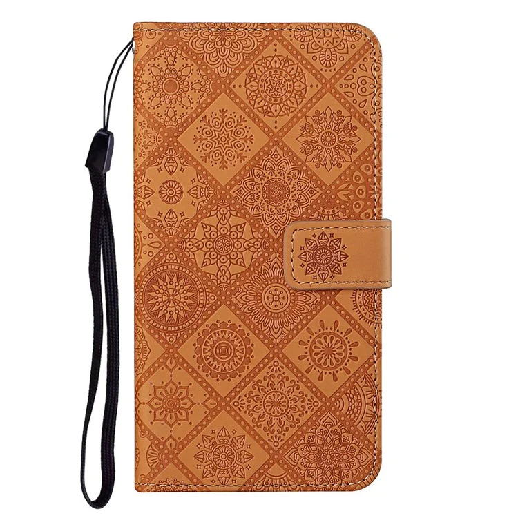 Ethnic Style Imprinted Flower Wallet Leather Case with Stand for iPhone 13 Pro 6.1 inch - Brown