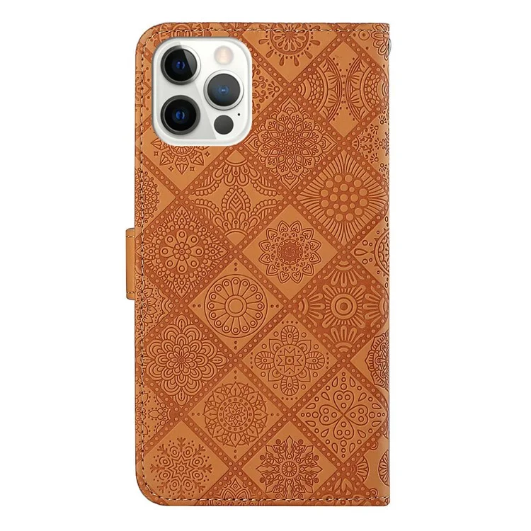 Ethnic Style Imprinted Flower Wallet Leather Case with Stand for iPhone 13 Pro 6.1 inch - Brown