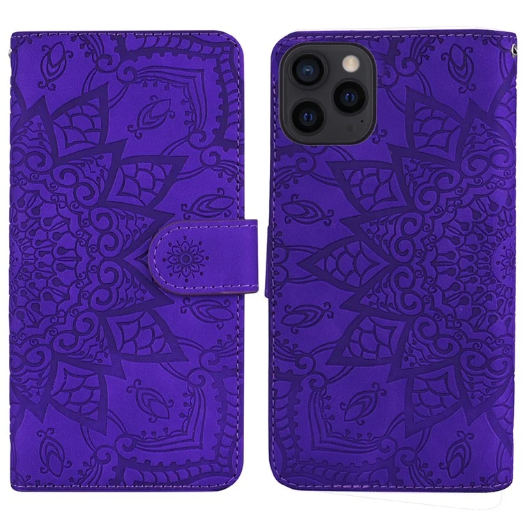 Impronta Flower All-round Protection Ponete Portafoglio Shell Stand Design Case in Pelle Per Iphone 13 Pro 6,1 Pollici - Viola