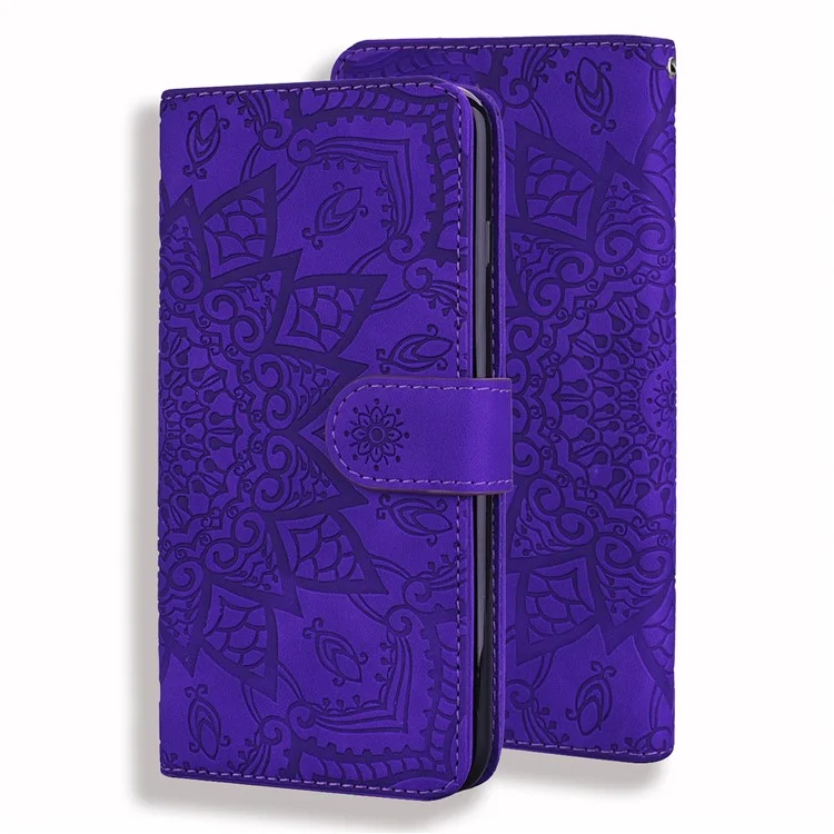 Impronta Flower All-round Protection Ponete Portafoglio Shell Stand Design Case in Pelle Per Iphone 13 Pro 6,1 Pollici - Viola