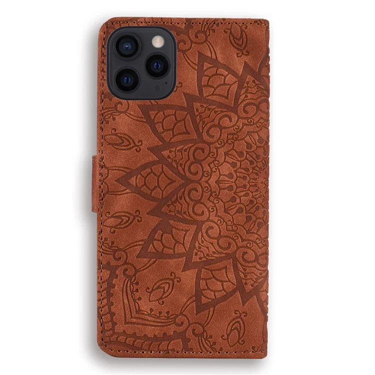 Imprint Flower Design PU Leather Flip Wallet Bookstyle Magnetic Stand Protection Cover for iPhone 13 Pro Max 6.7 inch - Brown