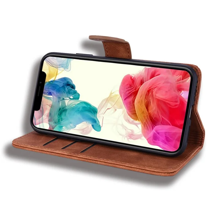 Imprint Flower Design PU Leather Flip Wallet Bookstyle Magnetic Stand Protection Cover for iPhone 13 Pro Max 6.7 inch - Brown