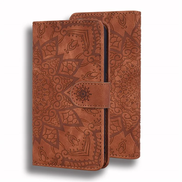 Imprint Flower Design PU Leather Flip Wallet Bookstyle Magnetic Stand Protection Cover for iPhone 13 Pro Max 6.7 inch - Brown