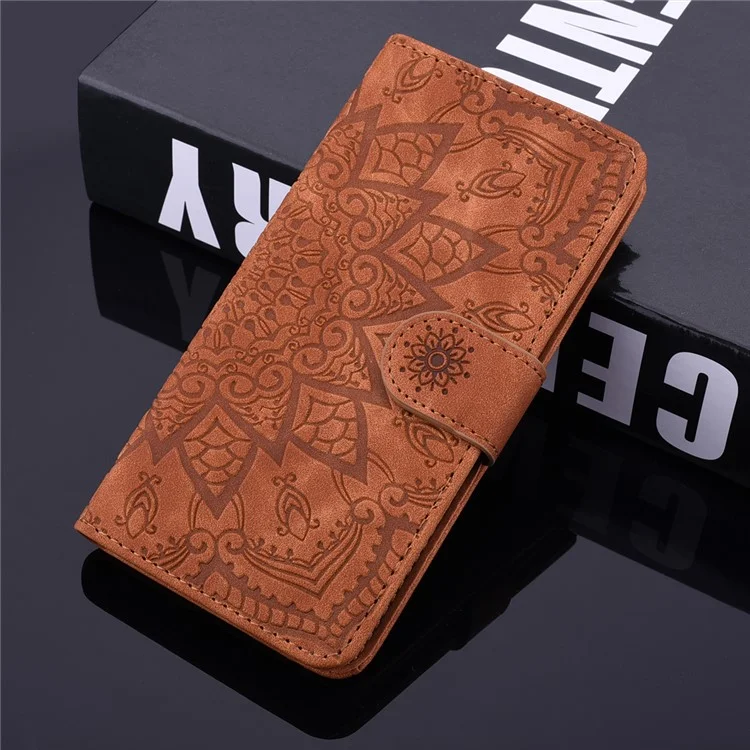 Imprint Flower Design PU Leather Flip Wallet Bookstyle Magnetic Stand Protection Cover per iPhone 13 Pro Max 6.7 pollici - Marrone