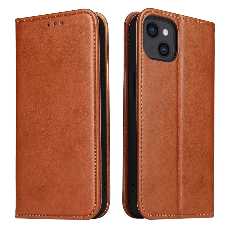 PU Leather Texture Well-protected Wallet Stand Design Phone Case for iPhone 13 - Brown