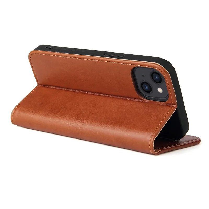 PU Leather Texture Well-protected Wallet Stand Design Phone Case for iPhone 13 - Brown