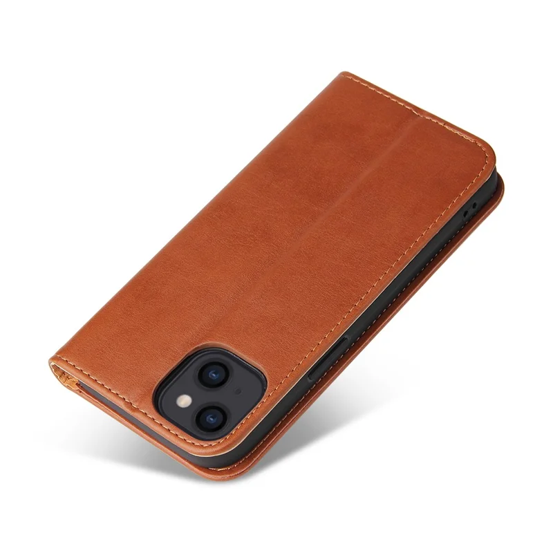 PU Leather Texture Well-protected Wallet Stand Design Phone Case for iPhone 13 - Brown