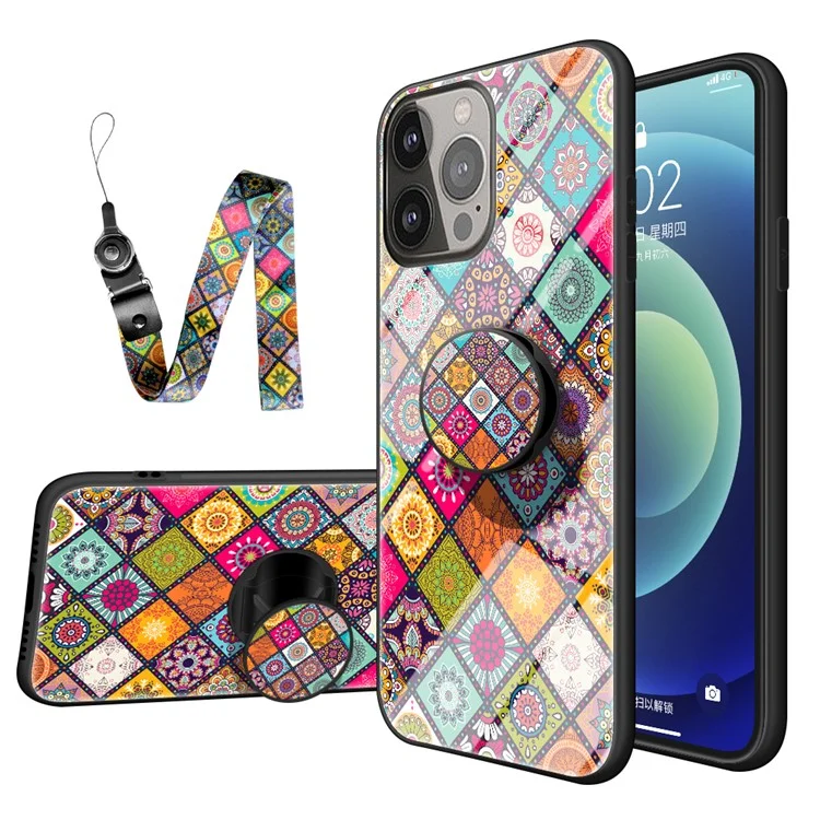 Anti-Scratch Glass Hybrid Case Phone Protector with Built-In Metal Sheet and Lanyard for iPhone 13 Pro Max 6.7 inch - Color Pattern