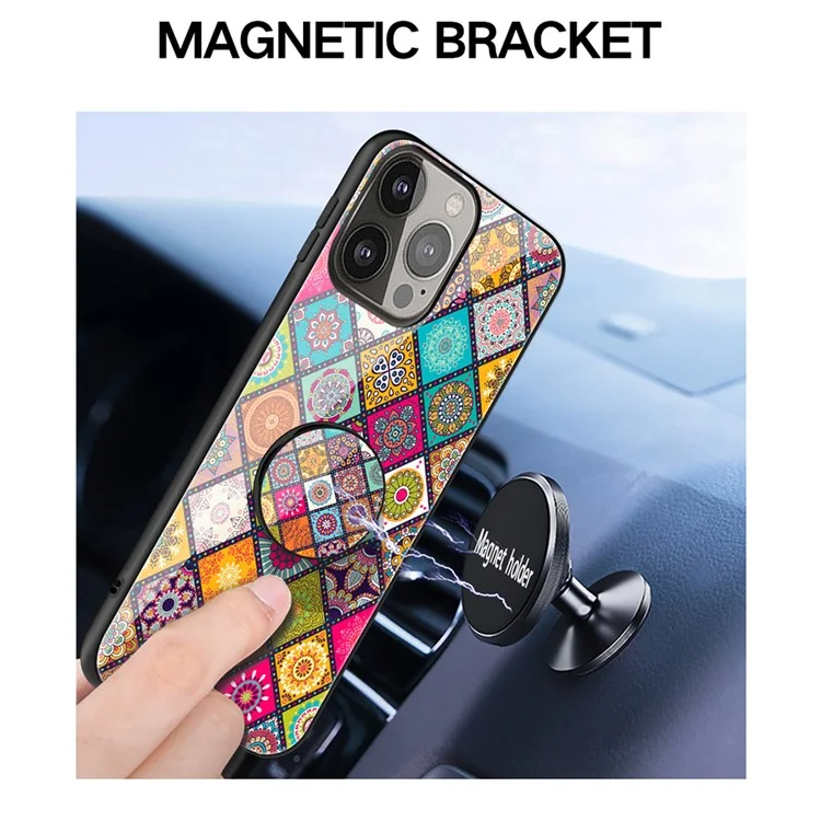 Anti-Scratch Glass Hybrid Case Phone Protector with Built-In Metal Sheet and Lanyard for iPhone 13 Pro Max 6.7 inch - Color Pattern