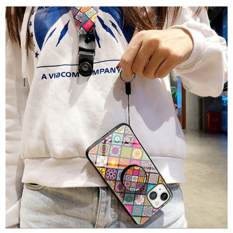 Colorful Flower Tempered Glass + PC + TPU Hybrid Phone Cover Case with Lanyard for iPhone 13 mini 5.4 inch - Color Pattern