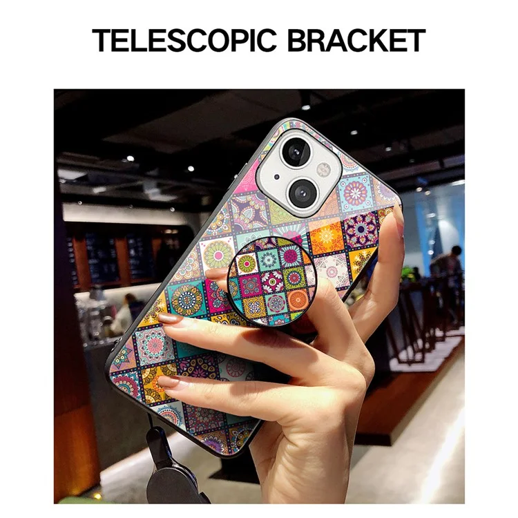Colorful Flower Tempered Glass + PC + TPU Hybrid Phone Cover Case with Lanyard for iPhone 13 mini 5.4 inch - Color Pattern