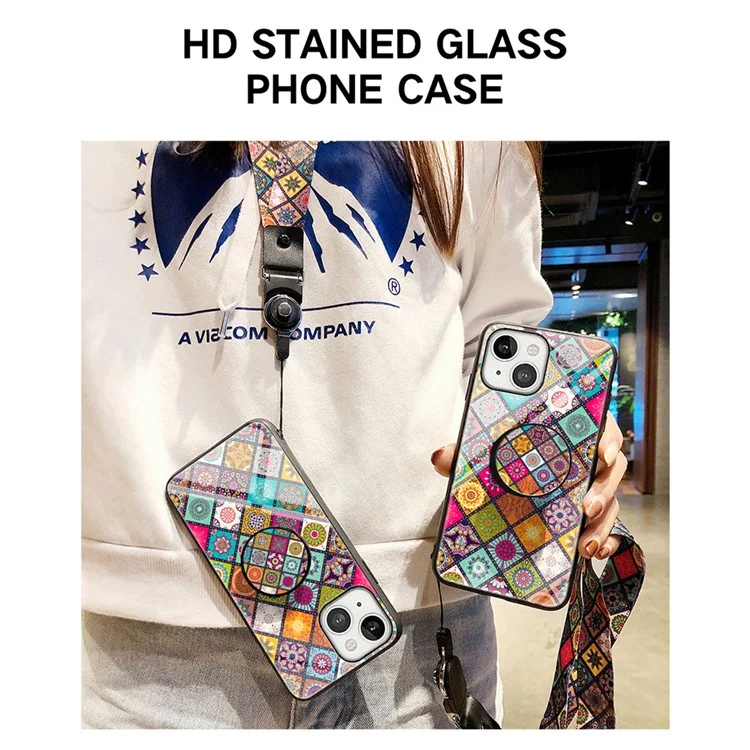Colorful Flower Tempered Glass + PC + TPU Hybrid Phone Cover Case with Lanyard for iPhone 13 mini 5.4 inch - Color Pattern