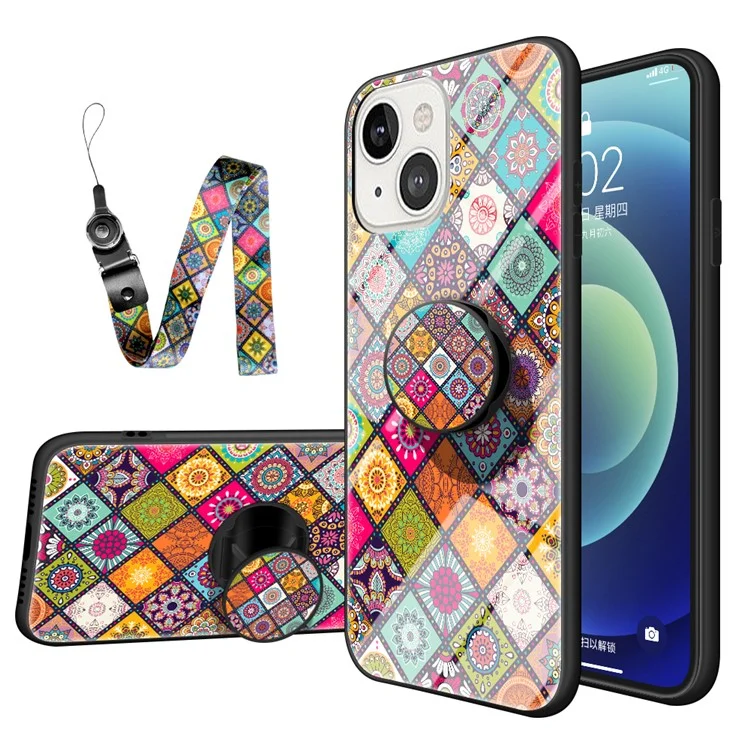 Kickstand Design Colorful Flower Tempered Glass Hybrid Phone Cover Case with Lanyard for iPhone 13 6.1 inch - Color Pattern