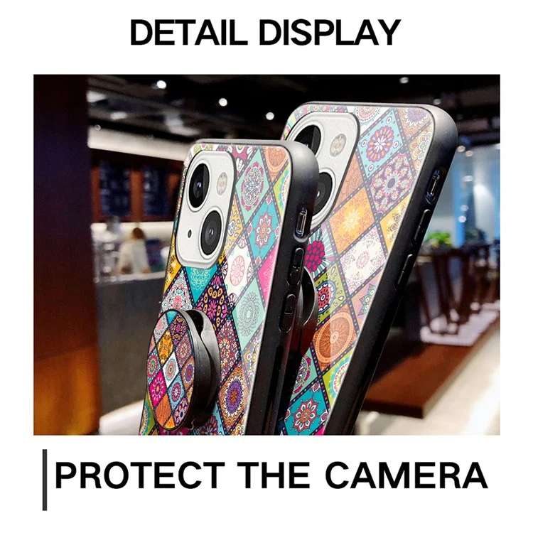 Kickstand Design Colorful Flower Tempered Glass Hybrid Phone Cover Case with Lanyard for iPhone 13 6.1 inch - Color Pattern