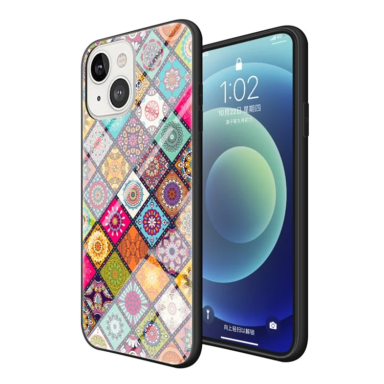 Kickstand Design Colorful Flower Tempered Glass Hybrid Phone Cover Case with Lanyard for iPhone 13 6.1 inch - Color Pattern