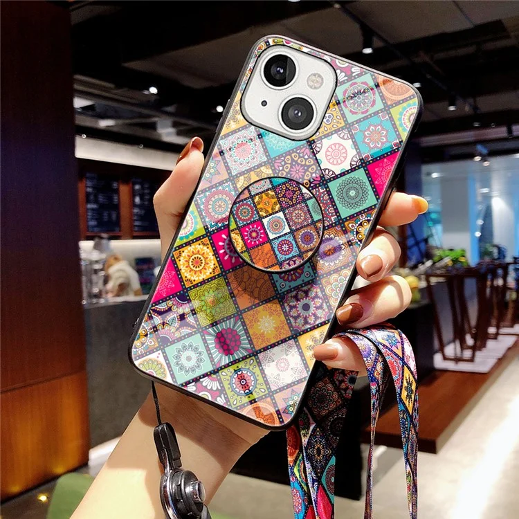 Kickstand Design Colorful Flower Tempered Glass Hybrid Phone Cover Case with Lanyard for iPhone 13 6.1 inch - Color Pattern