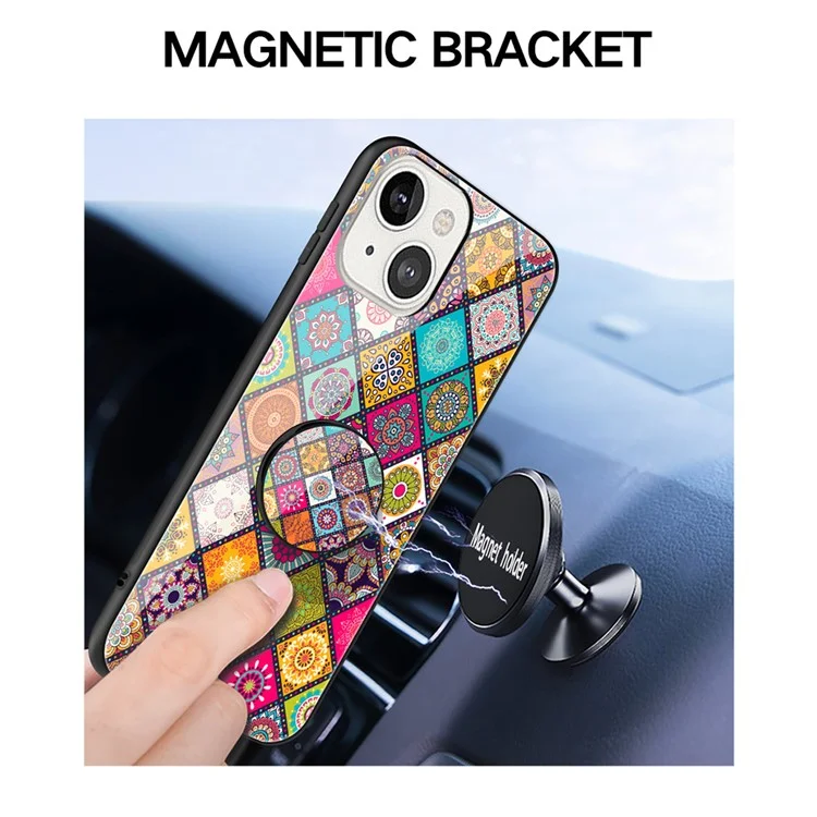 Kickstand Design Colorful Flower Tempered Glass Hybrid Phone Cover Case with Lanyard for iPhone 13 6.1 inch - Color Pattern