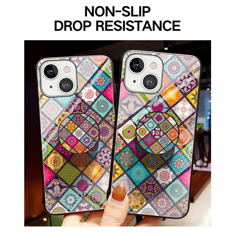 Kickstand Design Colorful Flower Tempered Glass Hybrid Phone Cover Case with Lanyard for iPhone 13 6.1 inch - Color Pattern