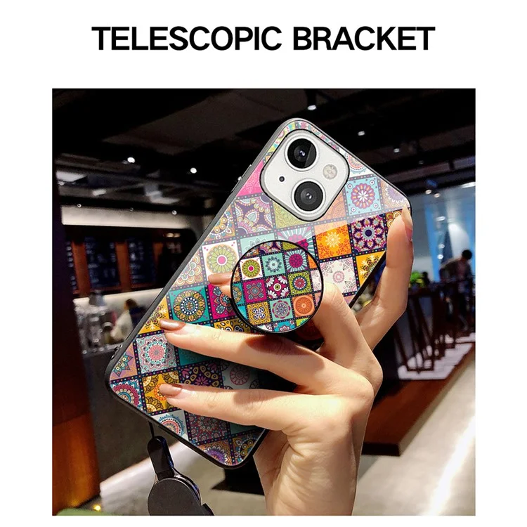 Kickstand Design Colorful Flower Tempered Glass Hybrid Phone Cover Case with Lanyard for iPhone 13 6.1 inch - Color Pattern