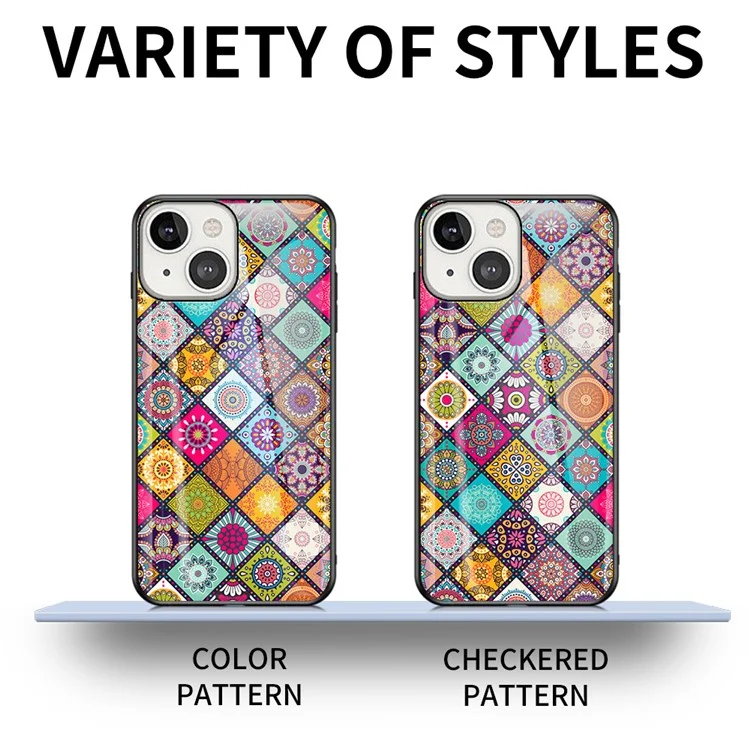 Kickstand Design Colorful Flower Tempered Glass Hybrid Phone Cover Case with Lanyard for iPhone 13 6.1 inch - Color Pattern