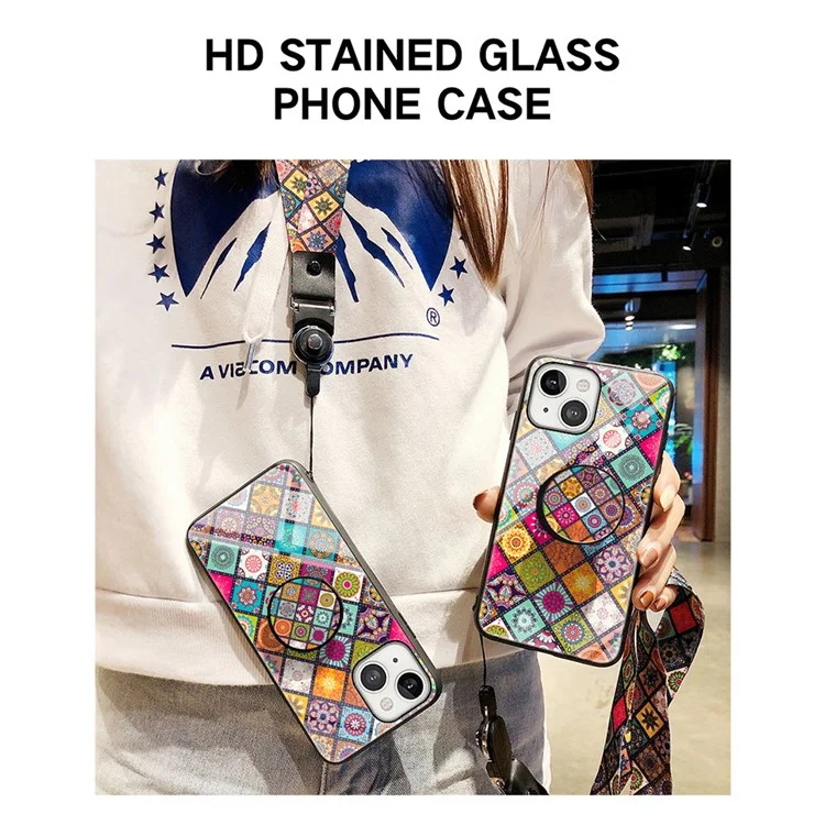 Kickstand Design Colorful Flower Tempered Glass Hybrid Phone Cover Case with Lanyard for iPhone 13 6.1 inch - Color Pattern