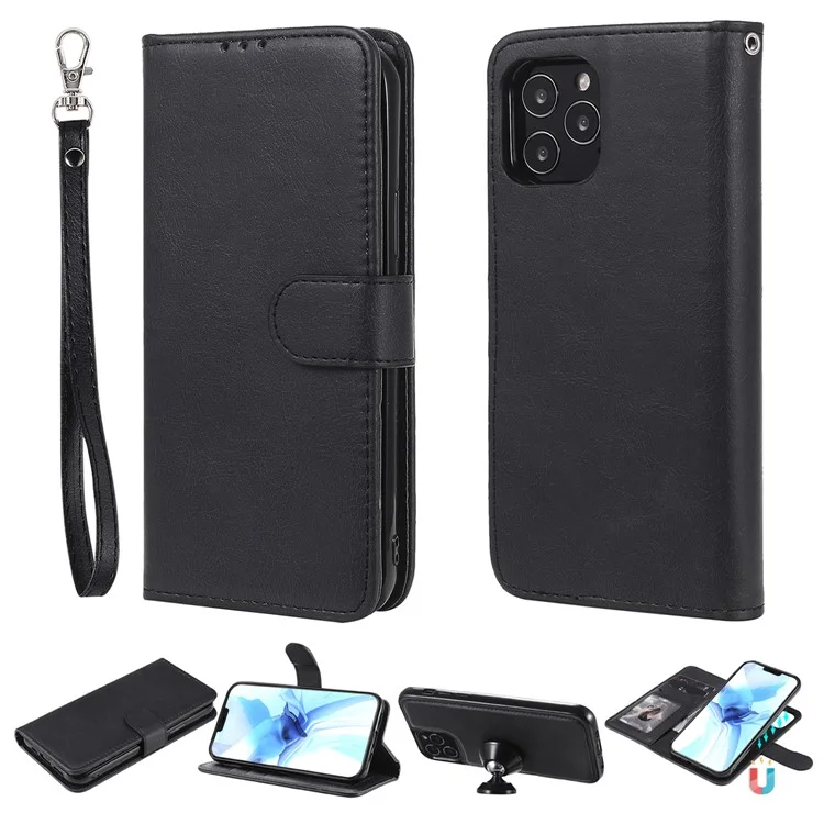 For iPhone 12  / 12 Pro Case 2 in 1 Detachable Magnetic Leather Wallet Mobile Cover with Strap - Black