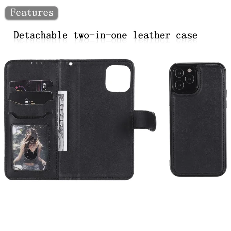 For iPhone 12  / 12 Pro Case 2 in 1 Detachable Magnetic Leather Wallet Mobile Cover with Strap - Black