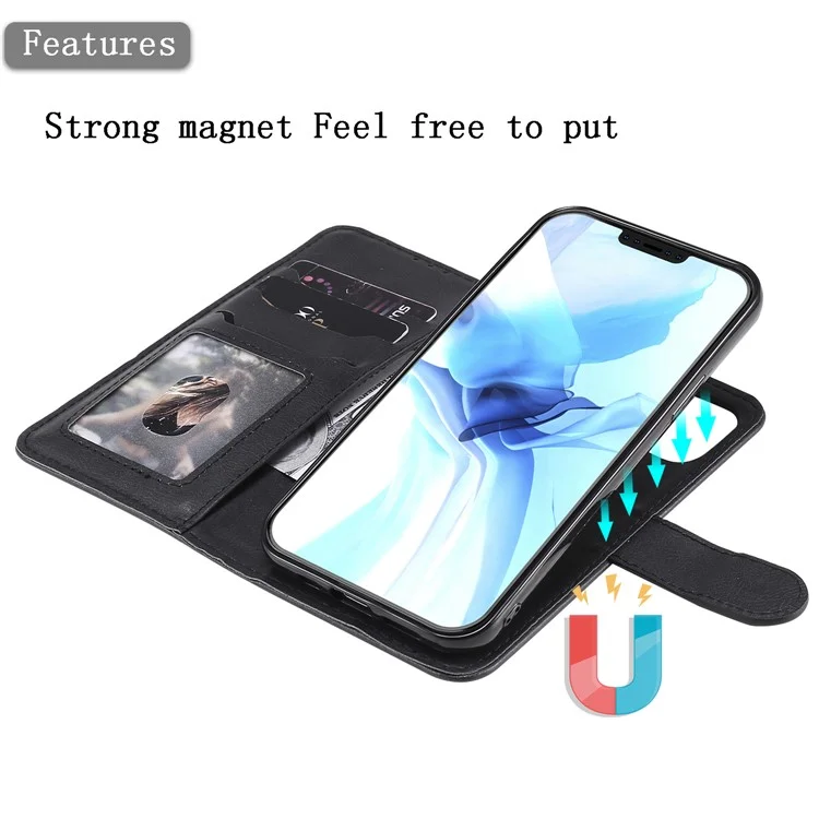 For iPhone 12  / 12 Pro Case 2 in 1 Detachable Magnetic Leather Wallet Mobile Cover with Strap - Black