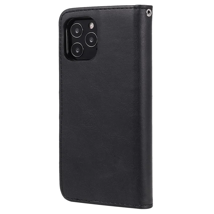 For iPhone 12  / 12 Pro Case 2 in 1 Detachable Magnetic Leather Wallet Mobile Cover with Strap - Black