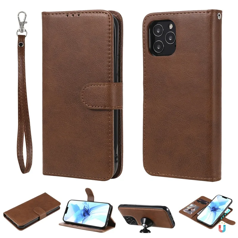 For iPhone 12  / 12 Pro Case 2 in 1 Detachable Magnetic Leather Wallet Mobile Cover with Strap - Brown