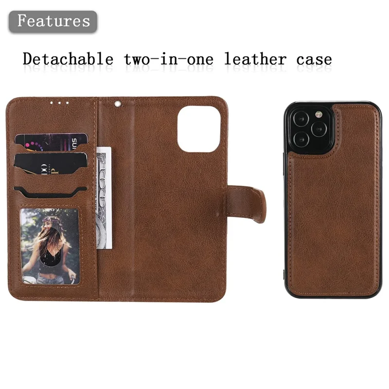 For iPhone 12  / 12 Pro Case 2 in 1 Detachable Magnetic Leather Wallet Mobile Cover with Strap - Brown