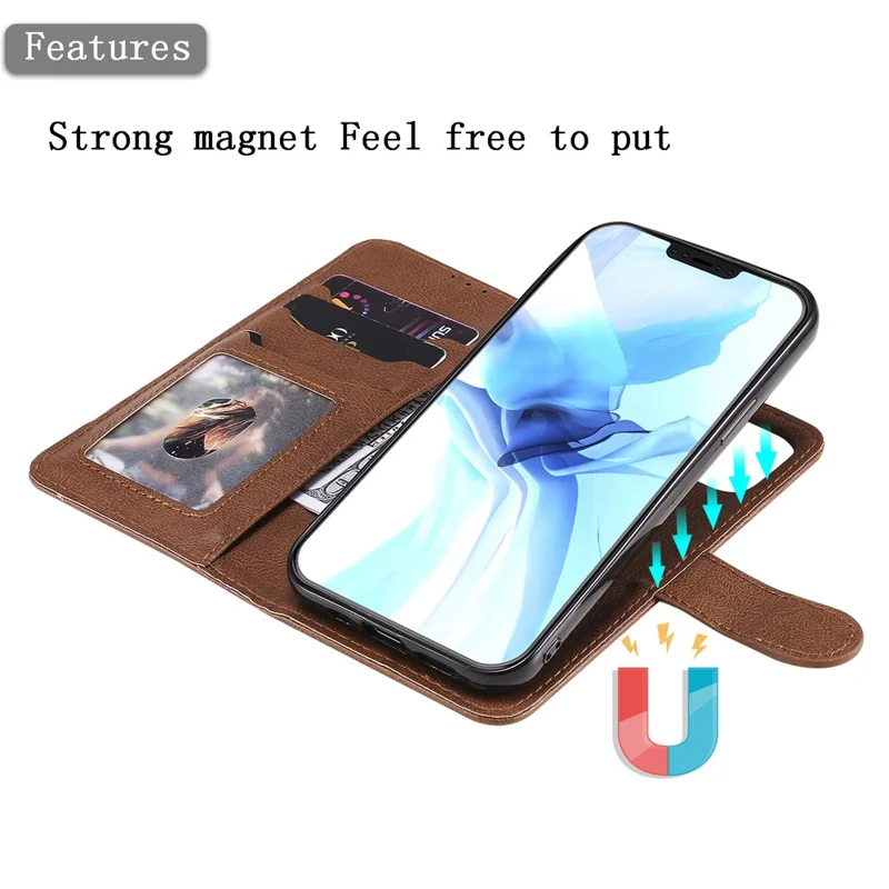For iPhone 12  / 12 Pro Case 2 in 1 Detachable Magnetic Leather Wallet Mobile Cover with Strap - Brown