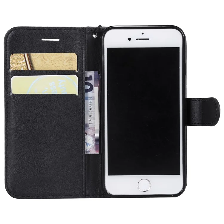 For iPhone 7 4.7 inch / 8 4.7 inch / SE (2020) / SE (2022) Case Solid Color Leather Mobile Cover Wallet Stand with Strap - Black