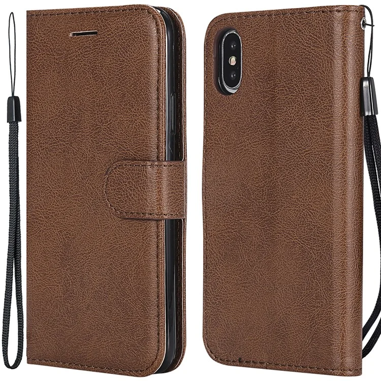 KT Leather Series-2 Solid Color Leather Wallet Stand Phone Cover with Strap for iPhone X/XS 5.8 inch - Brown