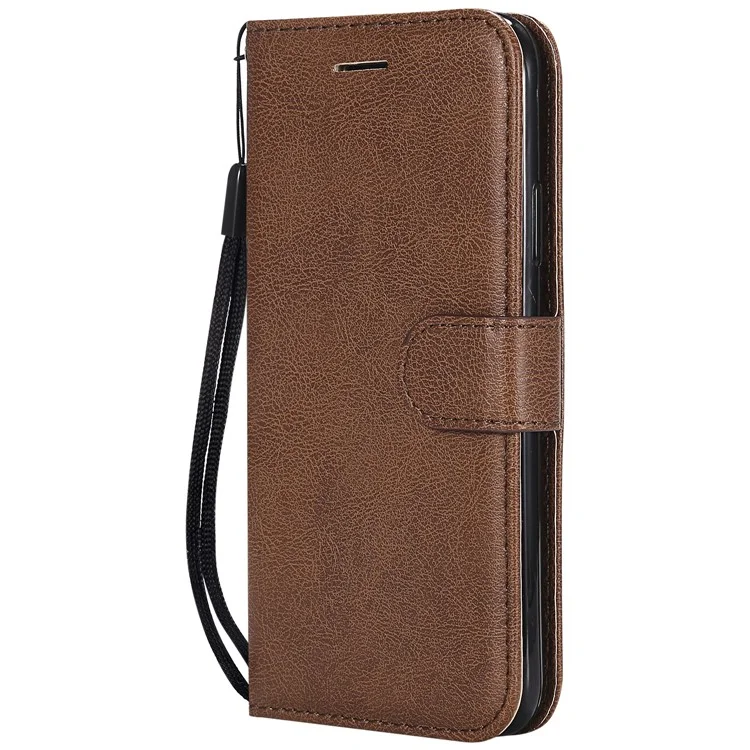 KT Leather Series-2 Solid Color Leather Wallet Stand Phone Cover with Strap for iPhone X/XS 5.8 inch - Brown