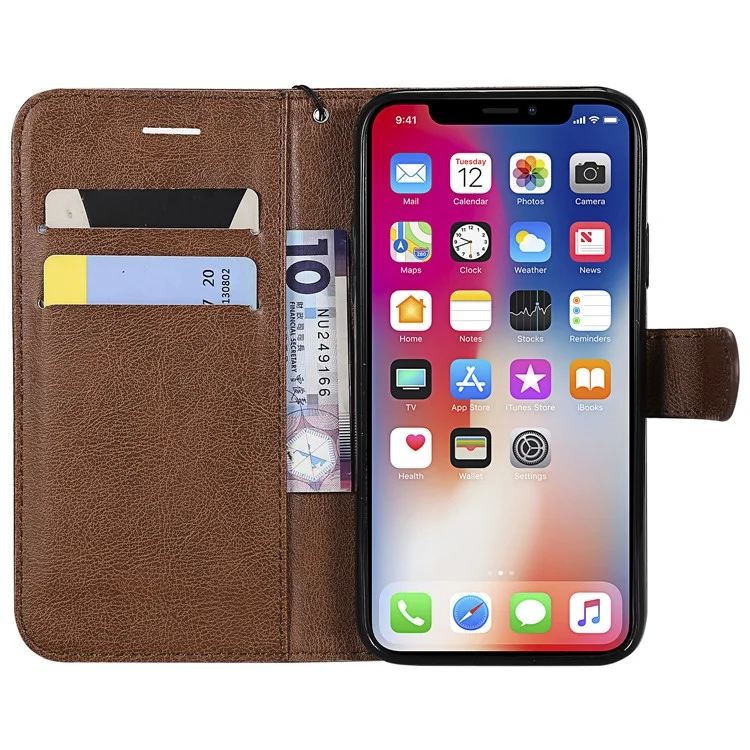 KT Leather Series-2 Solid Color Leather Wallet Stand Phone Cover with Strap for iPhone X/XS 5.8 inch - Brown