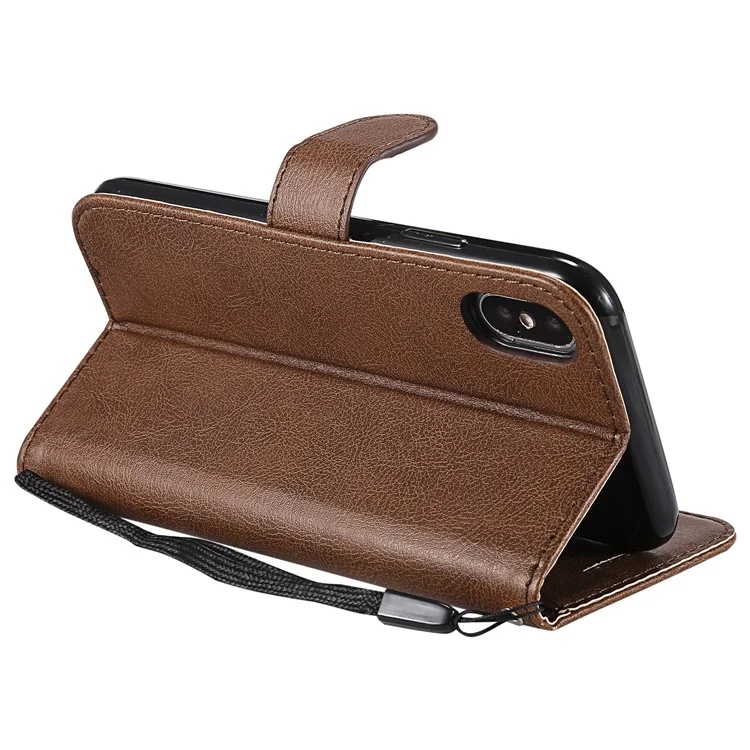 KT Leather Series-2 Solid Color Leather Wallet Stand Phone Cover with Strap for iPhone X/XS 5.8 inch - Brown